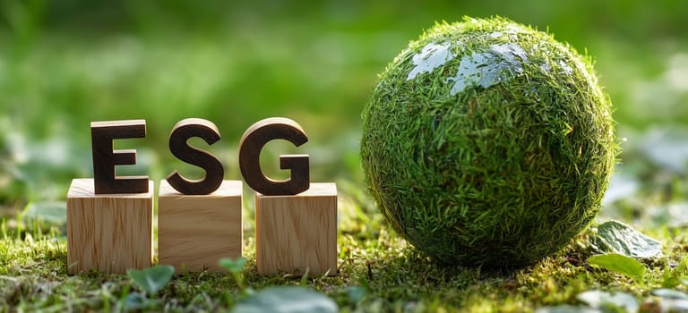 Wooden blocks with esg letters and green globe covered with moss symbolizing environmental conservation and sustainable business practices