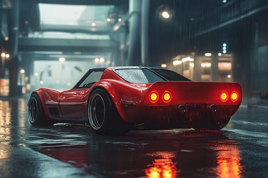 A red sports car is parked on a city street in rainy weather.