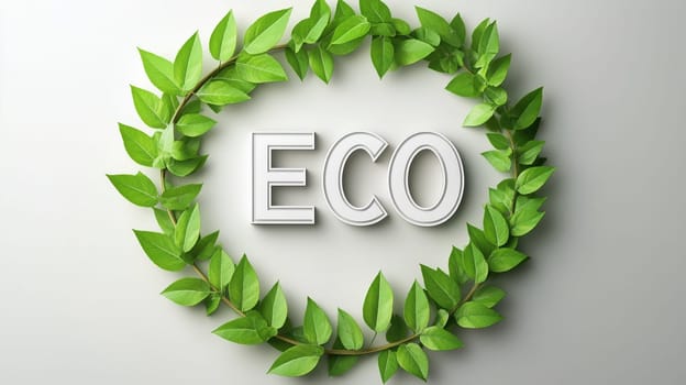 Green leaves forming a circle around white 3d text spelling eco promoting environmental awareness