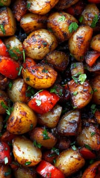 Delicious roasted potatoes and bell peppers seasoned and sprinkled with fresh parsley, creating a flavorful and appealing culinary experience