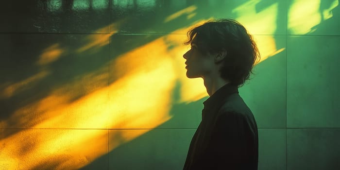 Sunlight casts dramatic shadows on a person (profile view). The warm light highlights the subject's form against a tiled wall. The vibrant colors create a mood.