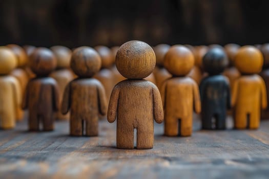 Wooden figurines, various shades, represent a diverse group. One stands out, focused, while others blur, highlighting individuality within a crowd. The image symbolizes unity in diversity.