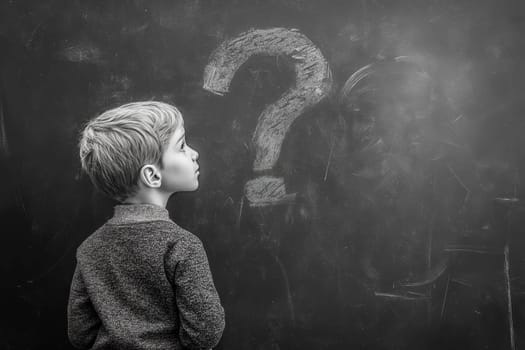 A young boy, thoughtful, gazes at a question mark drawn on a chalkboard. He's pondering a question, perhaps in class.