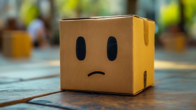 A cardboard box, drawn with a sad face, sits on a table. Perhaps a delivery or a shipment went wrong.