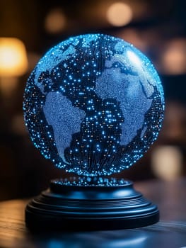 A glowing globe, depicting the Earth, is illuminated by tiny blue lights. The lights form a network, suggesting global connectivity. The image evokes a sense of global interconnectedness.
