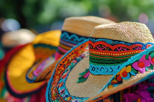 Mexican festival traditions in detail. Mexican sombrero at street market with blurred background.