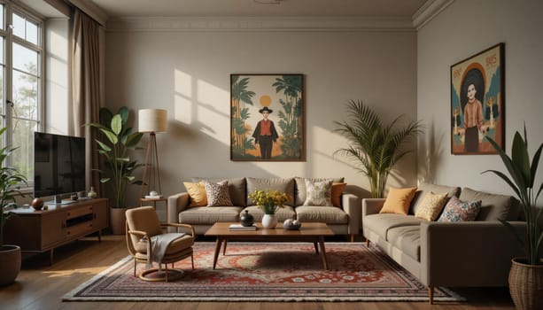 A living room with a large rug, a coffee table, and a couch. The room is decorated with a few potted plants and a vase. The atmosphere is cozy and inviting