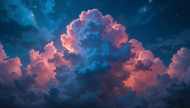 The sky is filled with clouds and stars. The clouds are pink and blue, and the stars are scattered throughout the sky. The image has a dreamy, peaceful, and serene mood