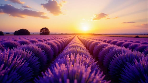 A field of lavender with the sun setting in the background. The sun is setting behind the lavender, creating a warm and peaceful atmosphere