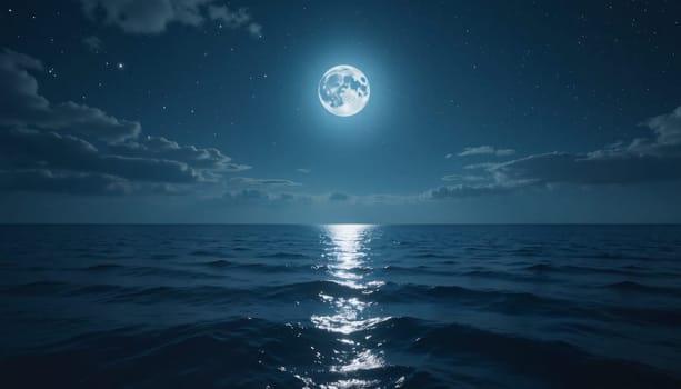 A large moon is reflected in the water of the ocean