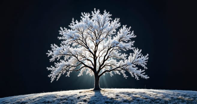 A large white tree is standing in a field of snow. The tree is the main focus of the image, and it is the only object in the scene