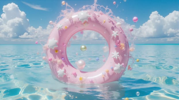A pink inflatable ring is floating in the ocean. The ring is surrounded by many colorful balls, creating a playful and whimsical scene