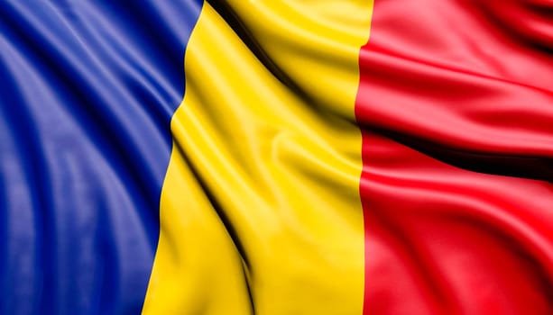 Romania flag with big folds waving close up under the studio light indoors. The official symbols and colors in fabric banner