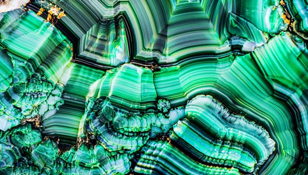 Unusual patterns of the polished malachite gemstone. Abstract green concentric structures