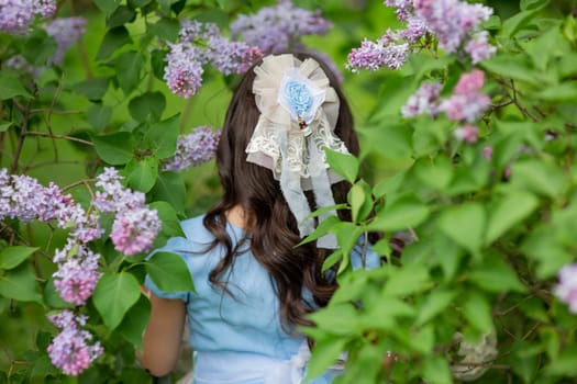 Young hispanic girl in blue dress with floral headpiece surrounded by lilac flowers.