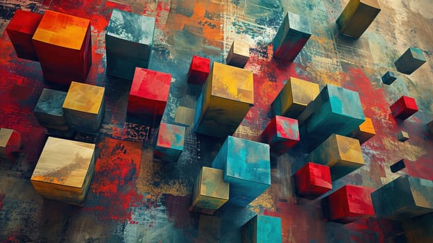Colorful abstract composition of floating cubes and splashes of paint. Generated AI.
