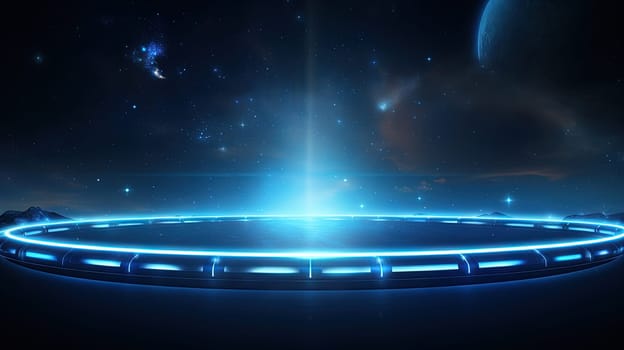 Abstract neon rays and lines on dark science and tech background. Generated AI
