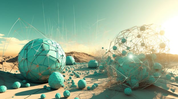 Abstract scfi-fi landscape with connected 3D balls and molecular grid structure. Futuristic surreal abstraction. Generated AI
