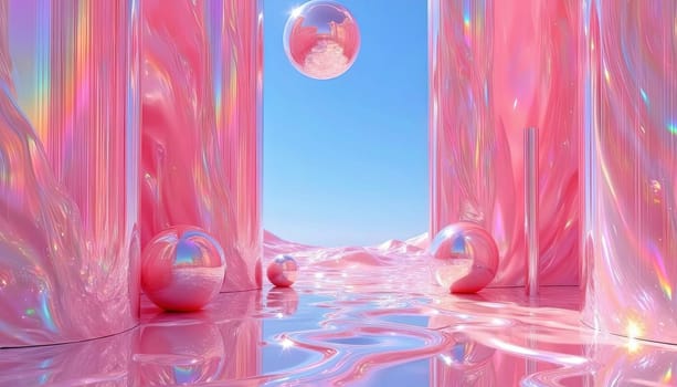 Surreal fantasy 3D landscape with pink iridescent bubble gum of candy shapes, reflecting in a glossy, liquid surface under a bright blue sky. Generated AI.