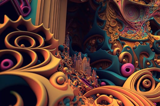 Surreal abstract 3D composition with intricate textures, organic shapes, and vibrant colors in a digital fantasy environment. Generated AI.
