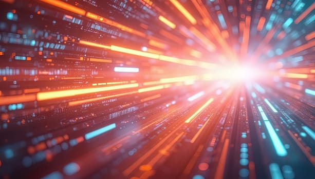Futuristic light beams and glowing trails in motion creating a tunnel effect with speed lines. Generated AI.