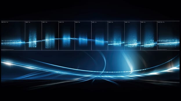 Business abstraction with infographics style data blocks in blue glowing lights. Generated AI