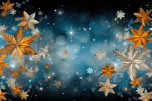 Ornament of golden star shaped flowers on blue background. Generated AI.