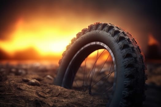 Trial sports bike wheel in the sun shine. Close up view of a mountain bike wheel. Generated AI