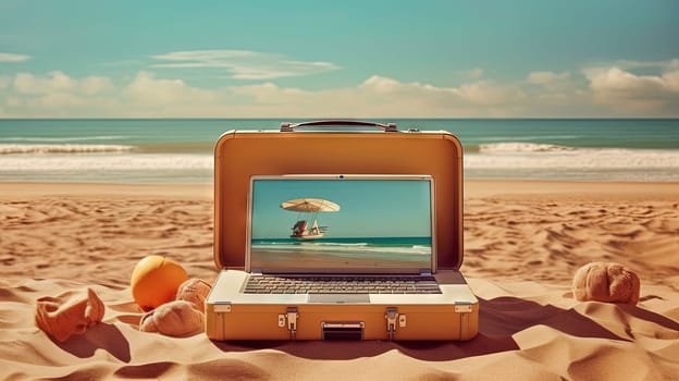 Relaxing beach scene with laptop on the sand. Retro styled vacation or remote work concept. Generated AI