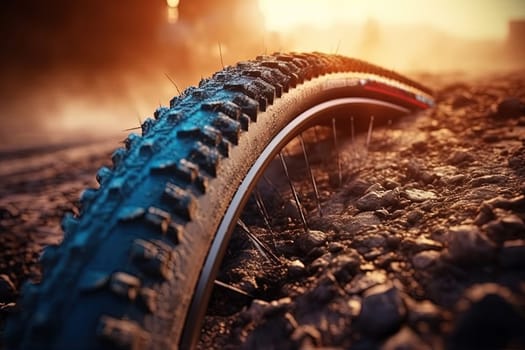 Trial sports bike wheel in the sun shine. Close up view of a mountain bike wheel. Generated AI