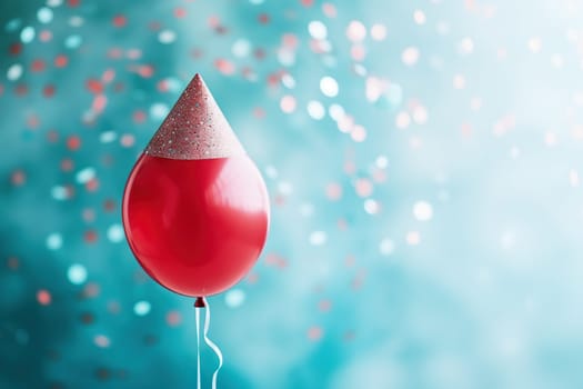 Red birthday balloon wearing cone carnival hat for celebration with confetti on the blue background. Generated AI