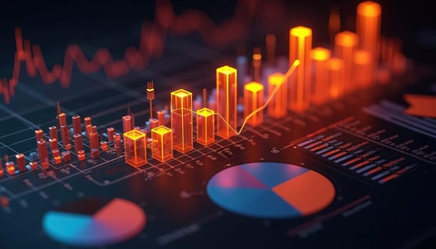 3D infographics for business presentation with neon glowing charts, bars and pie diagrams. Generated AI.