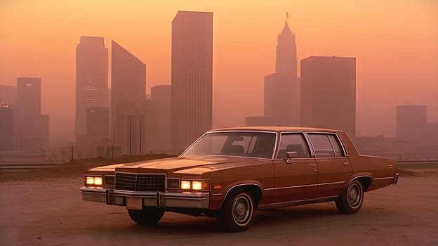 Expesive retro car in 70s style on the urban street with orange sky. Generated AI