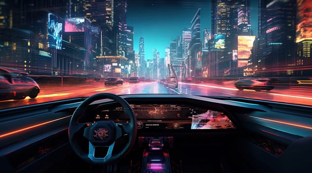 Furutistic car dashboard in the neon city.Synthwave or cyberpunk automobile control panel. Generated AI