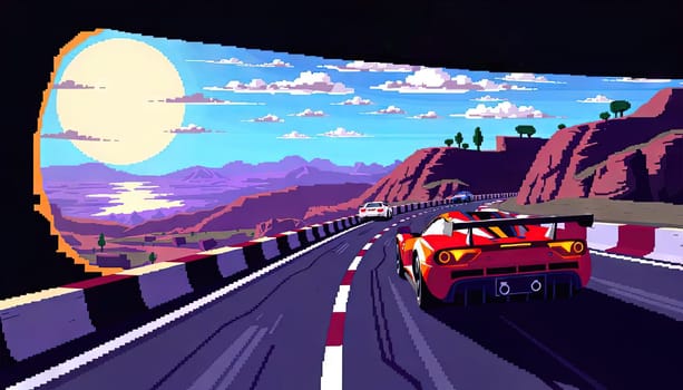 Racing car on a coastal road at sunset with colorful clouds in the sky in pixel art style. Generated AI.