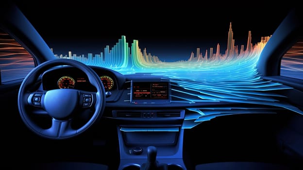 Futuristic car dashboard with graphs and bars for measurement and tuning of self-driving vehicle. Generated AI.