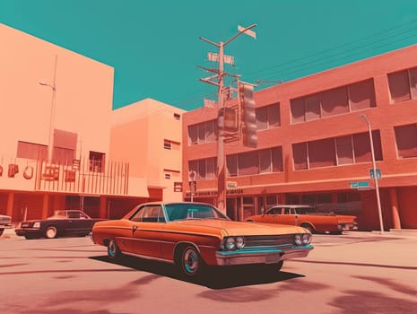 Retro car is parked in front of a large building. Red toned illustration of summer hot scene with car. Generated AI.