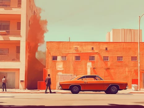 Retro car is parked in front of a large building. Red toned illustration of summer hot scene with car. Generated AI.