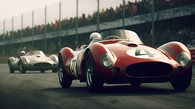 Vintage racing car on the track. Retro auto sport event with fast classic cars. Generated AI
