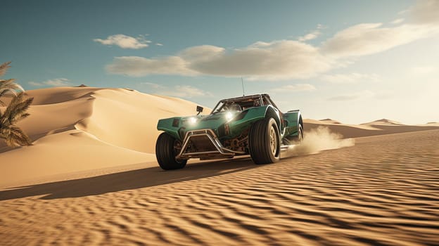 Vintage rally car in desert splashing the dirt in retro racing styled scene. Generated AI.