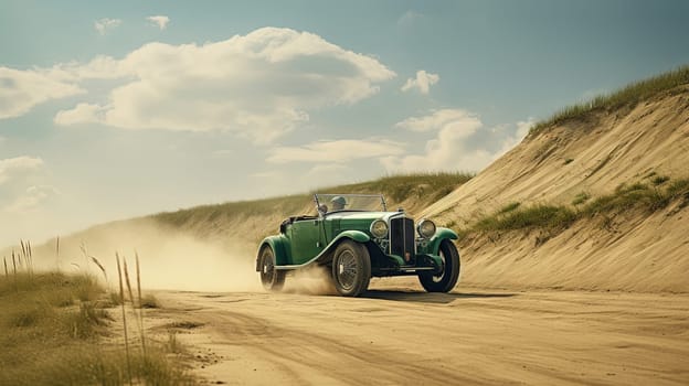 Vintage rally car in desert splashing the dirt in retro racing styled scene. Generated AI.