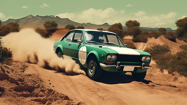 Vintage rally car splashing the dirt in retro 70s styled scene. Generated AI