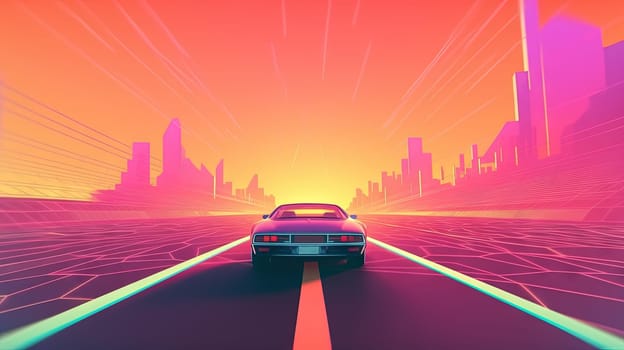 Retro styled car in high speed drive to horizon. Retro futuristic landscape with car in day time. Generated AI.