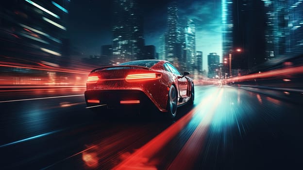 Street racing scene with sport car in neon lights. Speed lines and light trails of night urban drive. Generated AI