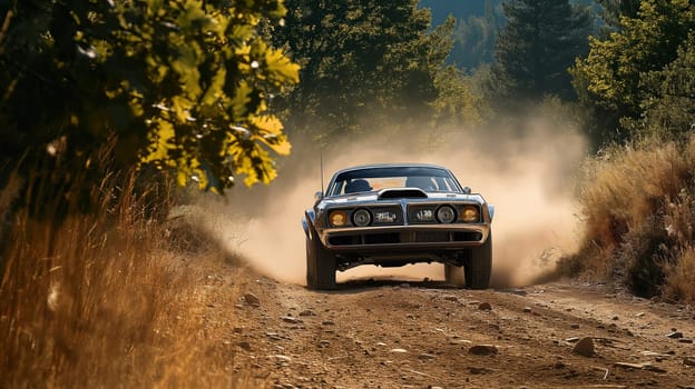 Old rally car on the road, splashing the dirt in racing scene in the forest. Generated AI.