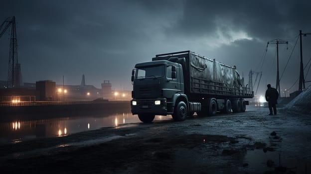 Cargo truck driving in the night or sundown. Transportation industry scene with long haul car. Generated AI