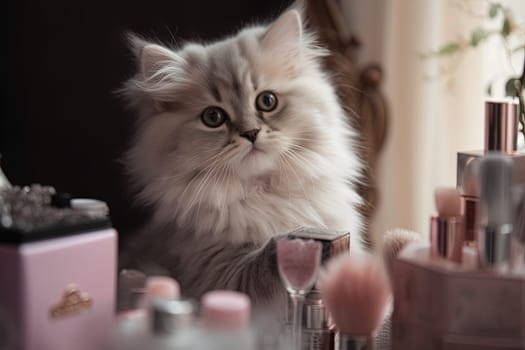 Cat playing with cosmetics in beauty and fashion concept. Generated AI