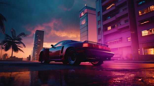 Futuristic car on the cybeprunk street in blue and purple synthwave colors. Cool retro supercar on synthwave street. Generated AI