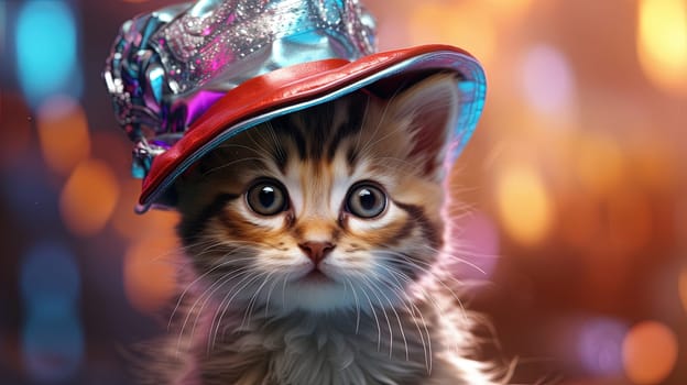 Party cat in neon colors. Funny kitten with holographic hat in 90s style neon lights. Generated AI