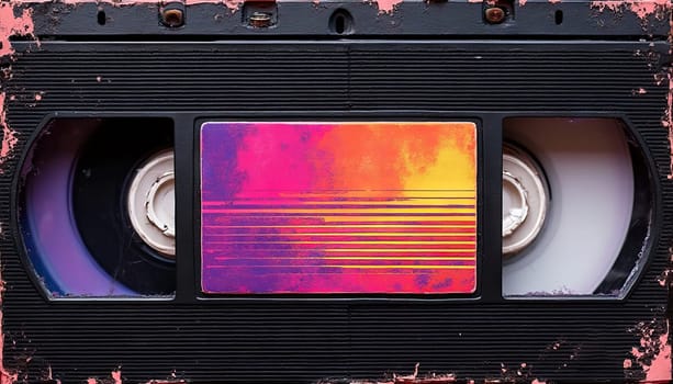 Vintage video cassette with 80s color theme, retro analog tape VHS cassette close up. Generated AI.